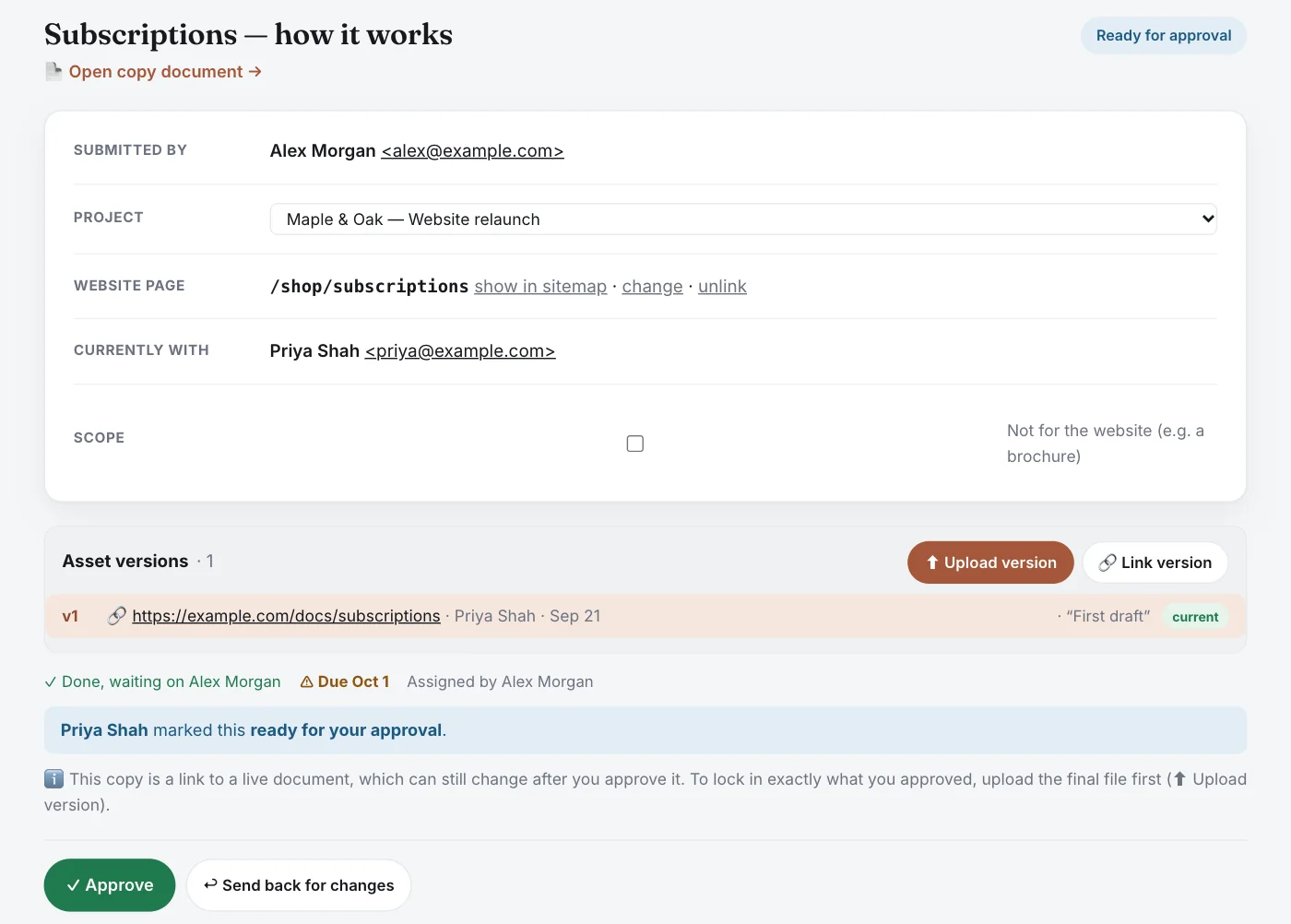 A copy item marked Ready for approval, linked to the /shop/subscriptions page, with its version, a note that Priya Shah marked it ready for approval, and Approve and Send back for changes buttons.