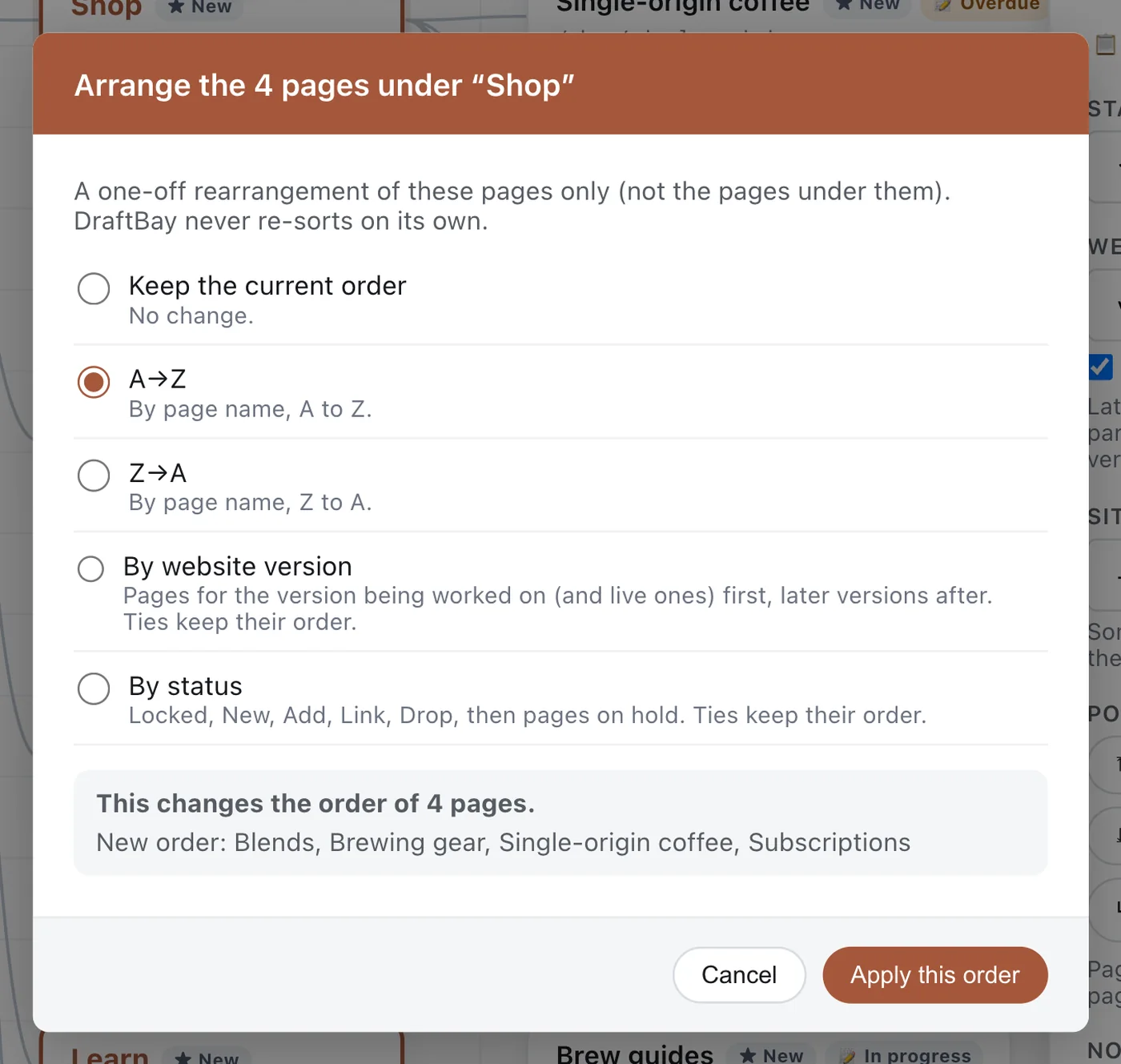 The Arrange dialog for the four pages under Shop, with A to Z selected and a preview of the new order: Blends, Brewing gear, Single-origin coffee, Subscriptions.