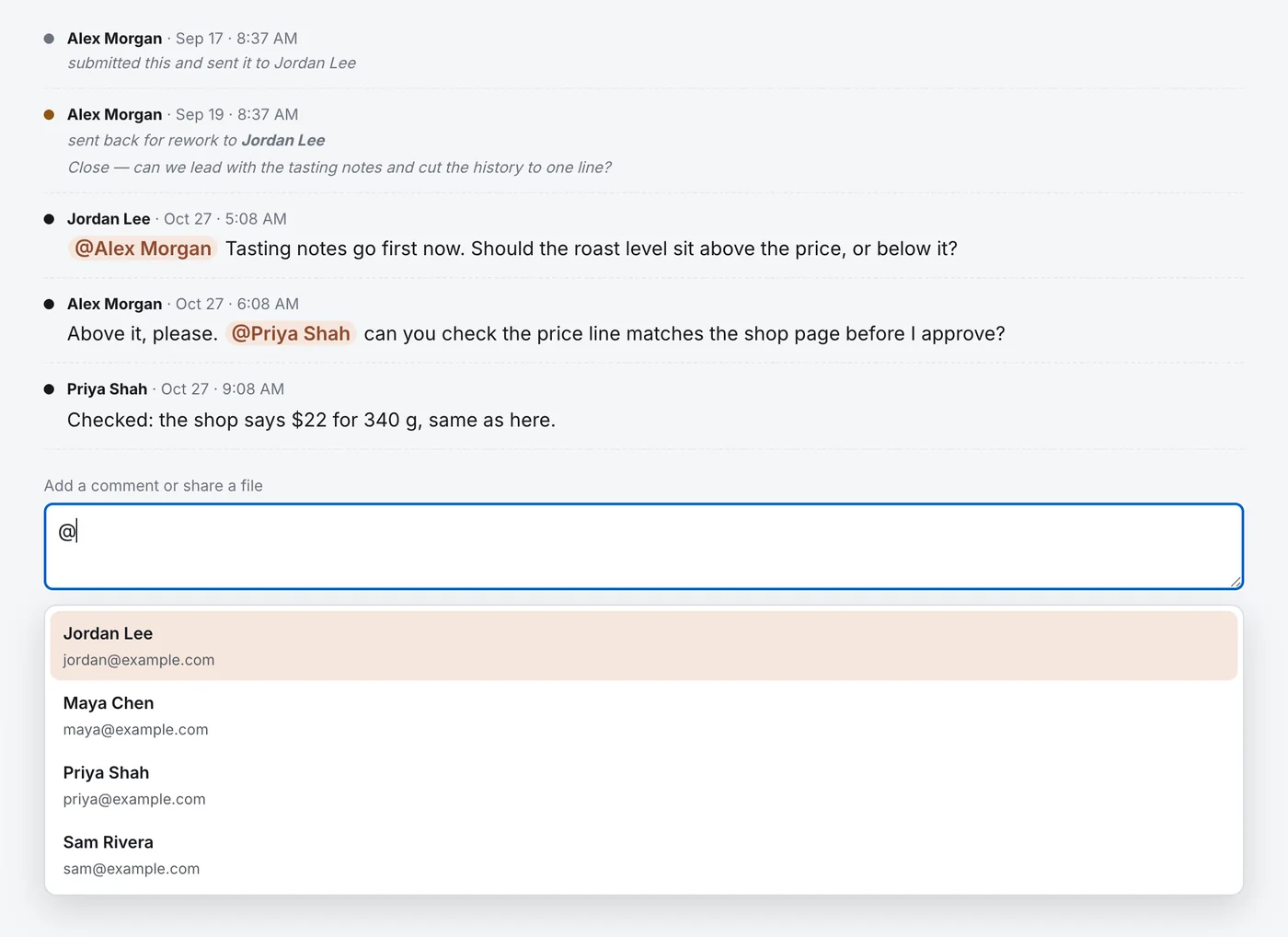 A copy comment thread in the Maple & Oak sample where the @mentions of Alex Morgan and Priya Shah are highlighted, and the @ list is open showing the people who can see this copy.