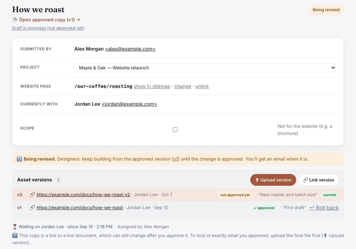 A copy item that changed after approval: its status reads Being revised, version 2 is marked not approved yet and version 1 approved, a banner tells designers to keep building from the approved version 1, and a note explains that a linked live document can still change unless you upload the final file.