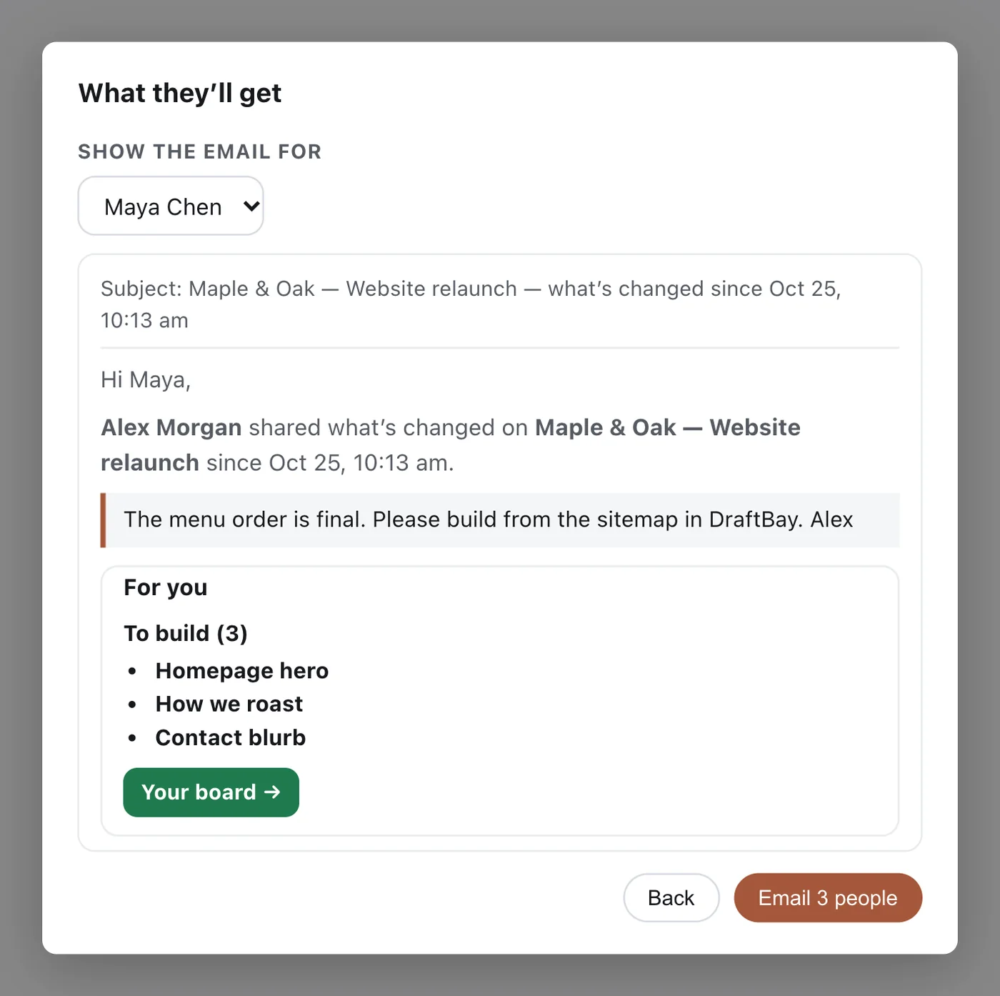 The Send an update preview for Maya Chen in the Maple & Oak sample: subject line, a note from Alex, and a For you section listing three pages to build, with a Your board button.